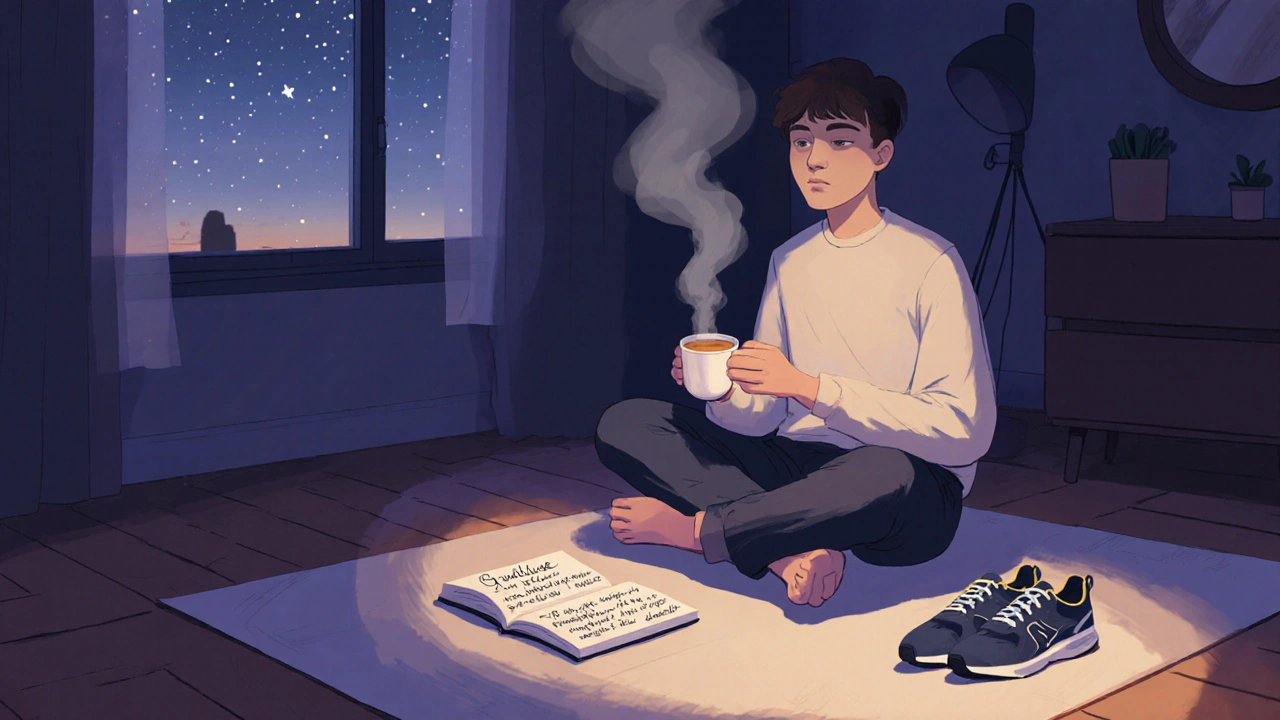 Programátor píše deník v klidné místnosti při západu slunce.