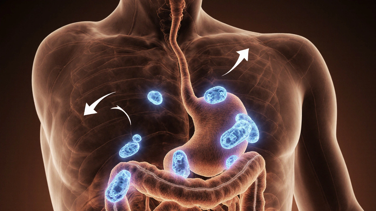 Průřez těla s viditelnou střevní mikroflórou a sníženým tukem na břiše, symbolizující zdravý metabolismus.