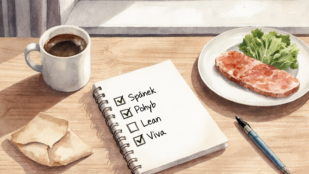 Ručně psaný sešit s třemi základními návyky a jednoduchým jídlem na stole.