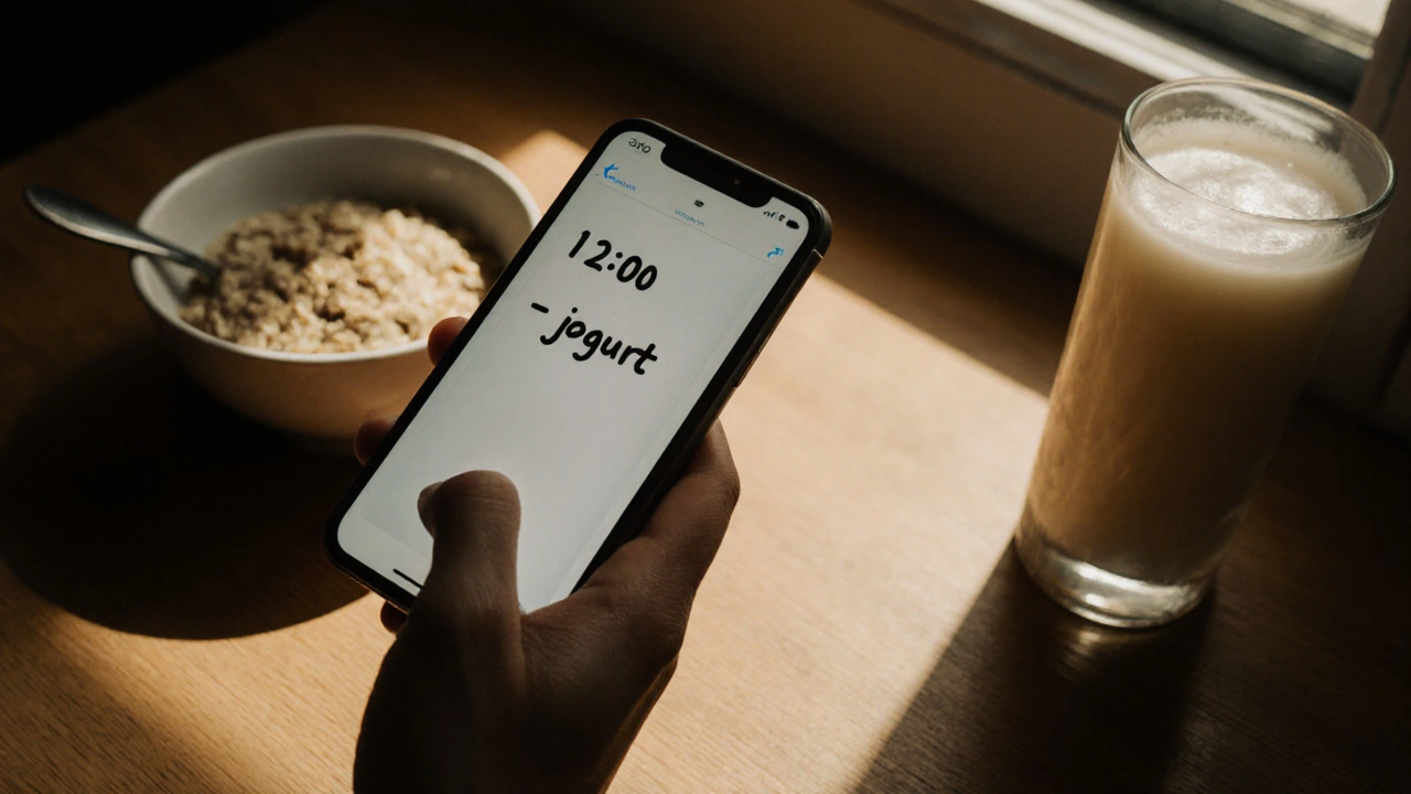 Ruka klade připomínku na telefon vedle ovesné kaše a mléka.