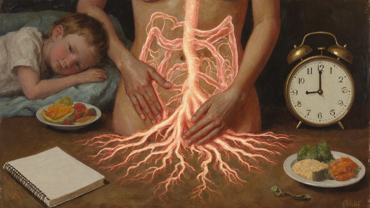 Ruka na břiše s jemným zářením, symbolizující vnitřní rovnováhu a přijetí těla.