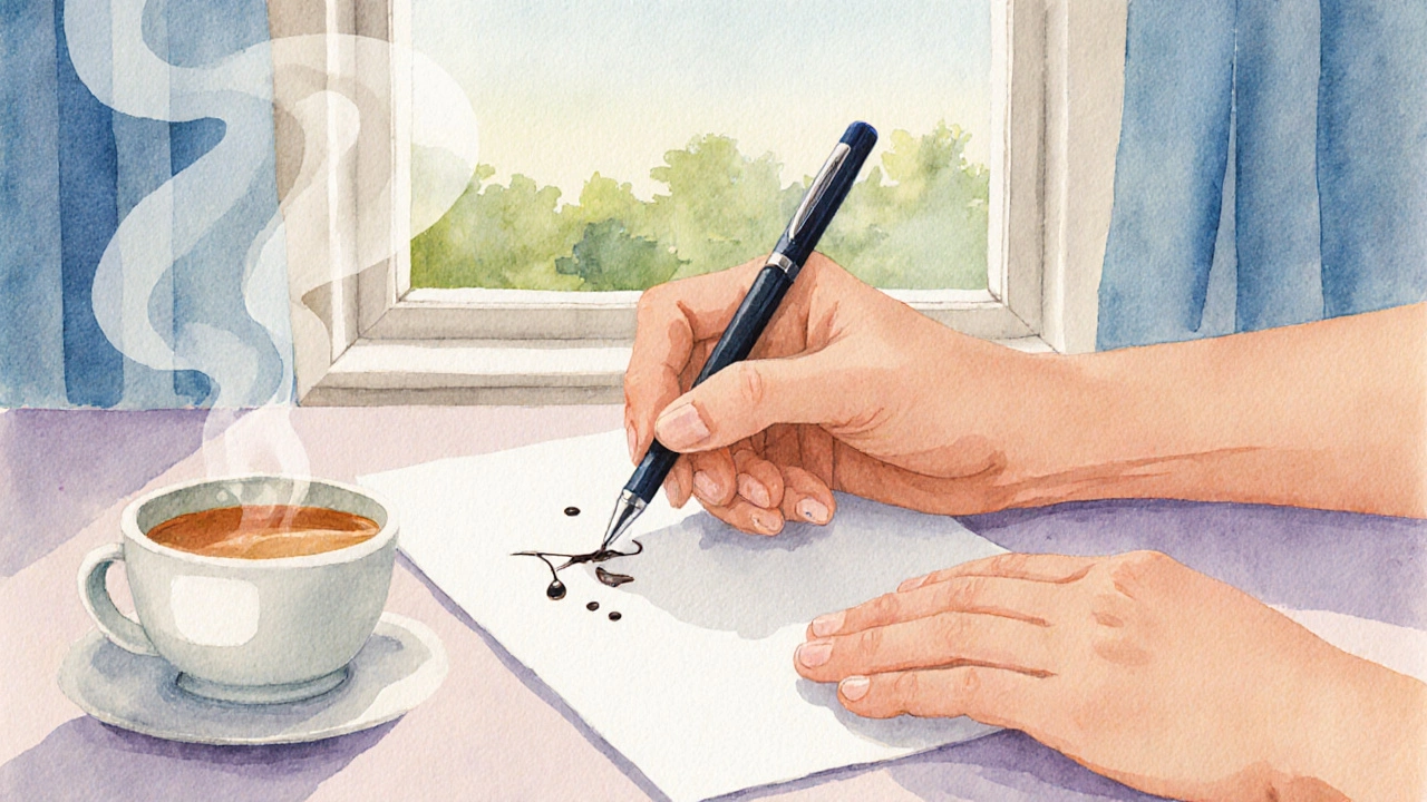 Ruka píše na papíře, vedle ní čaj a otevřené okno — uznání emocí a sebepeč.