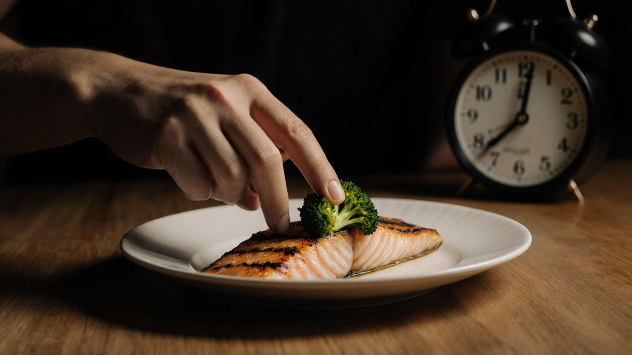 Ruka přidává zeleninu na talíř s rybou v klidném prostředí.