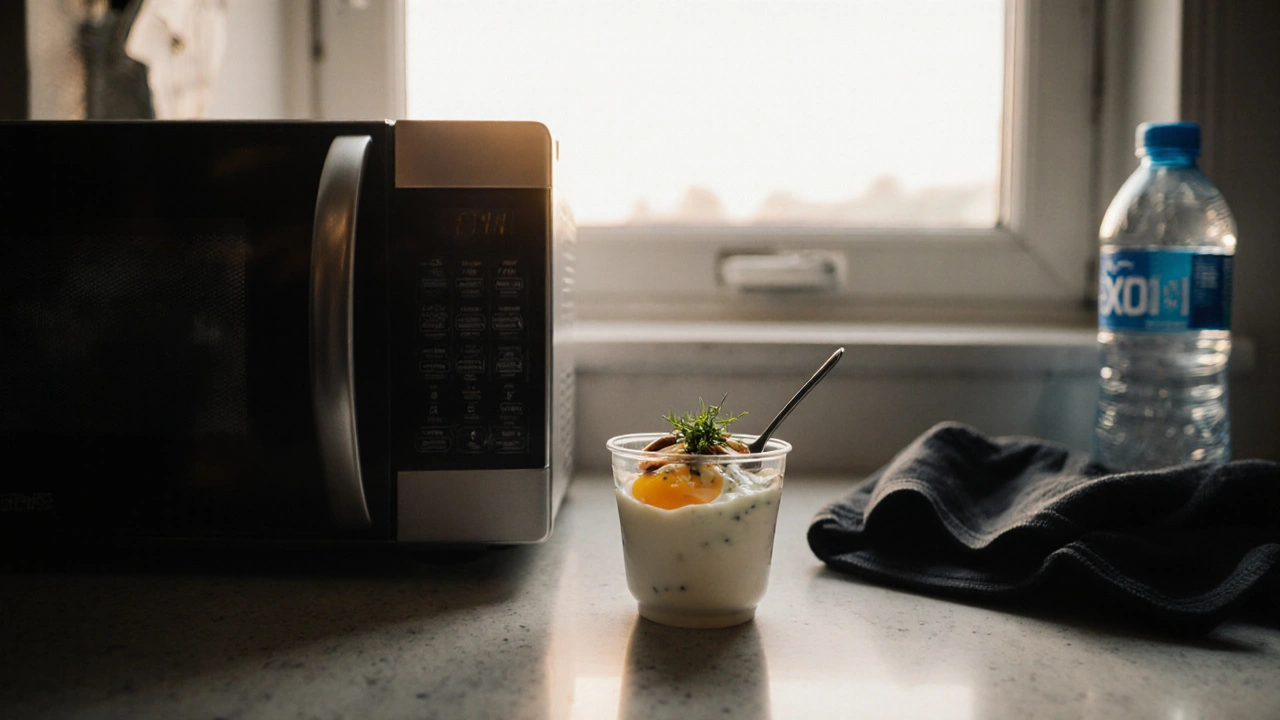 Rychlé večerní jídlo: vařené vajíčko, jogurt s mandli a křenem na kuchyňské desce.