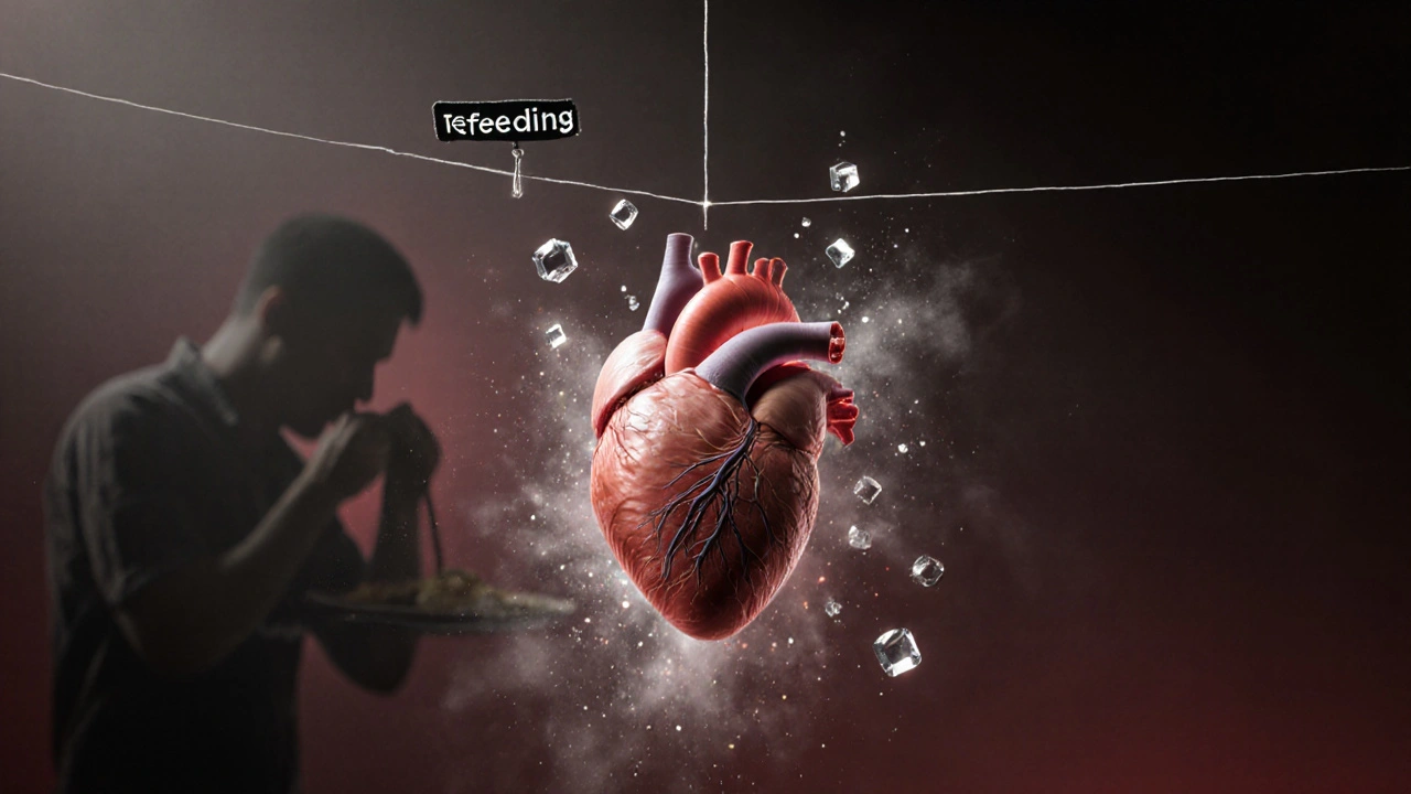 Srdce plavající v prostoru, kde se rozpadají elektrolyty a hrozí refeeding syndrom.