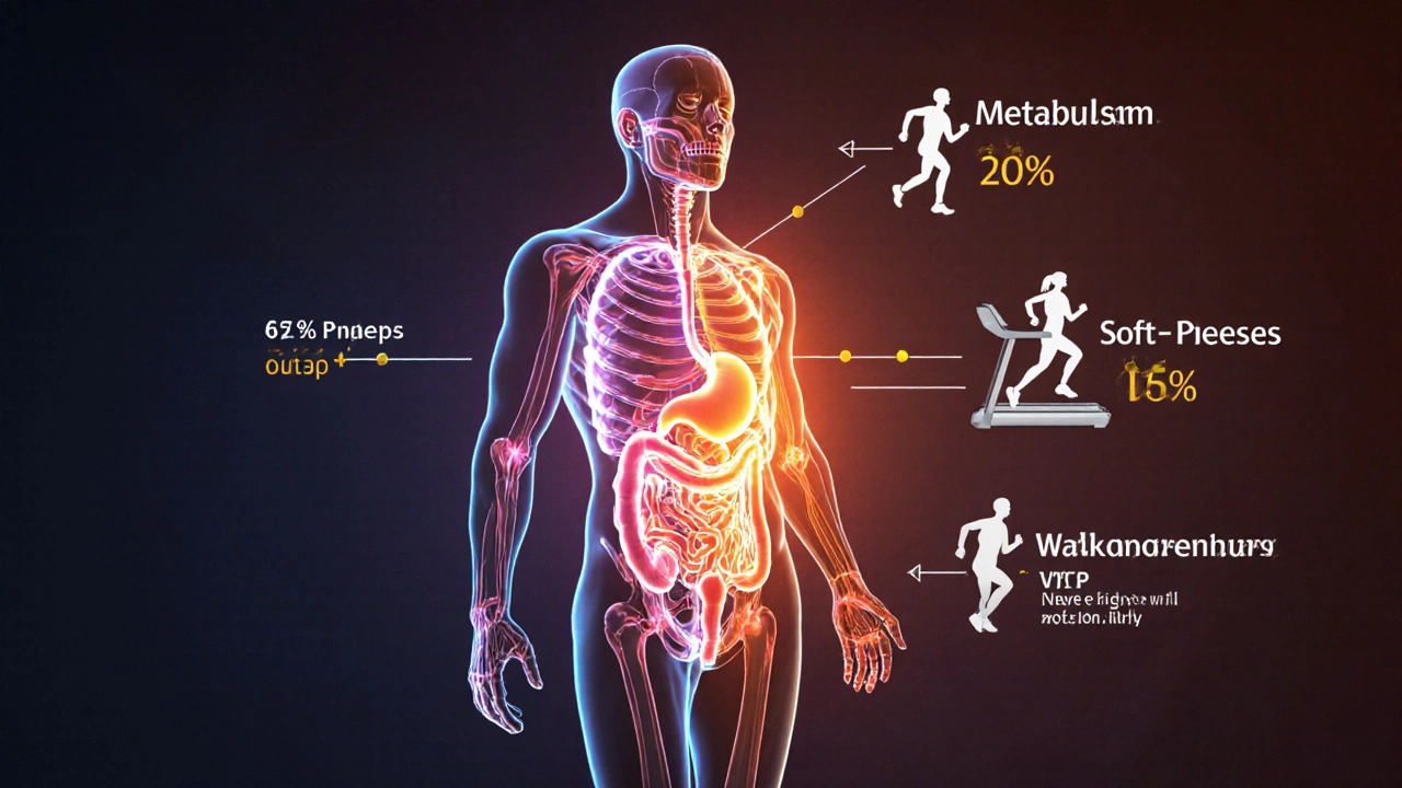 Transparenční ilustrace těla ukazující rozložení spalování kalorií: metabolismus, každodenní pohyb a cvičení.