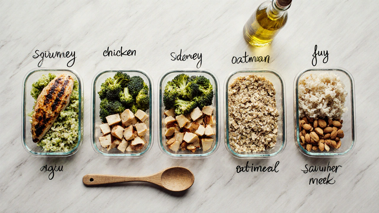 Týdenní příprava večerních jídel v kontejnerech s označenými dny.