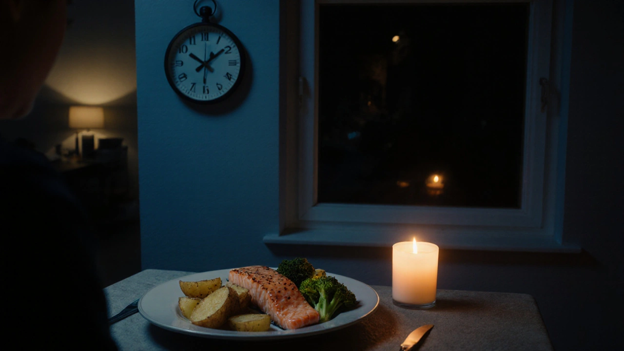 Večerní jídlo z lososa a brambor v klidné atmosféře před spaním.