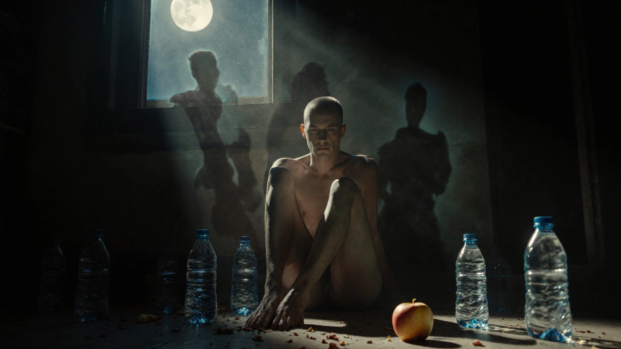 Vyhublý člověk v temné místnosti s halucinacemi potravy kolem sebe.