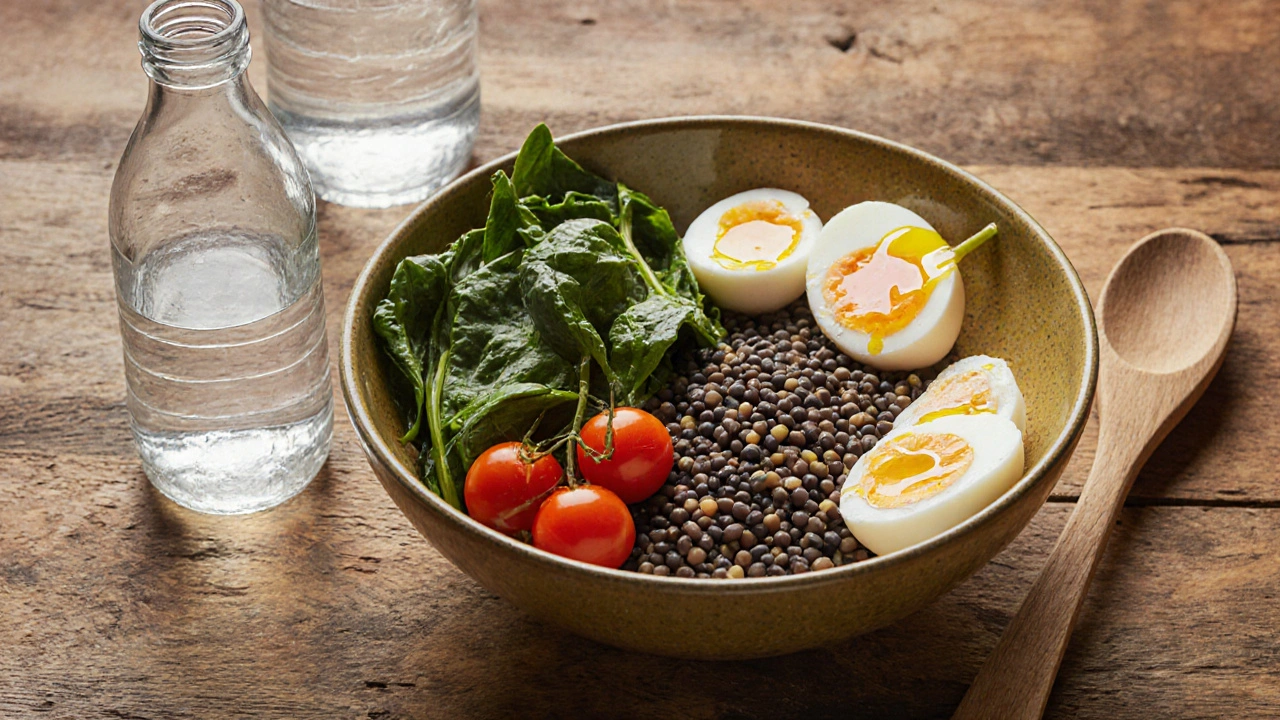 Zdravá jídla na dřevěném stole: černá čočka, zelenina, vejce a olivový olej, přirozené osvětlení.