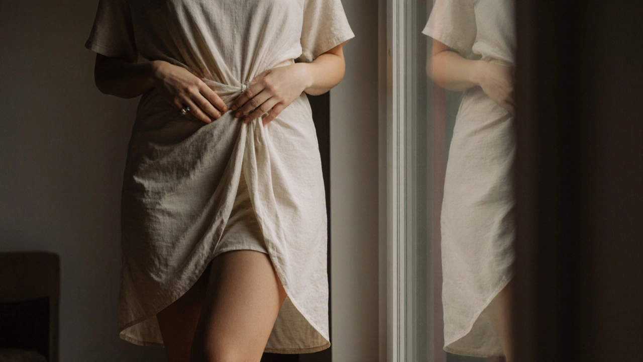 Žena s oblečením, které jí sedí lépe na pažích a obličeji, ale ne na stehnech.