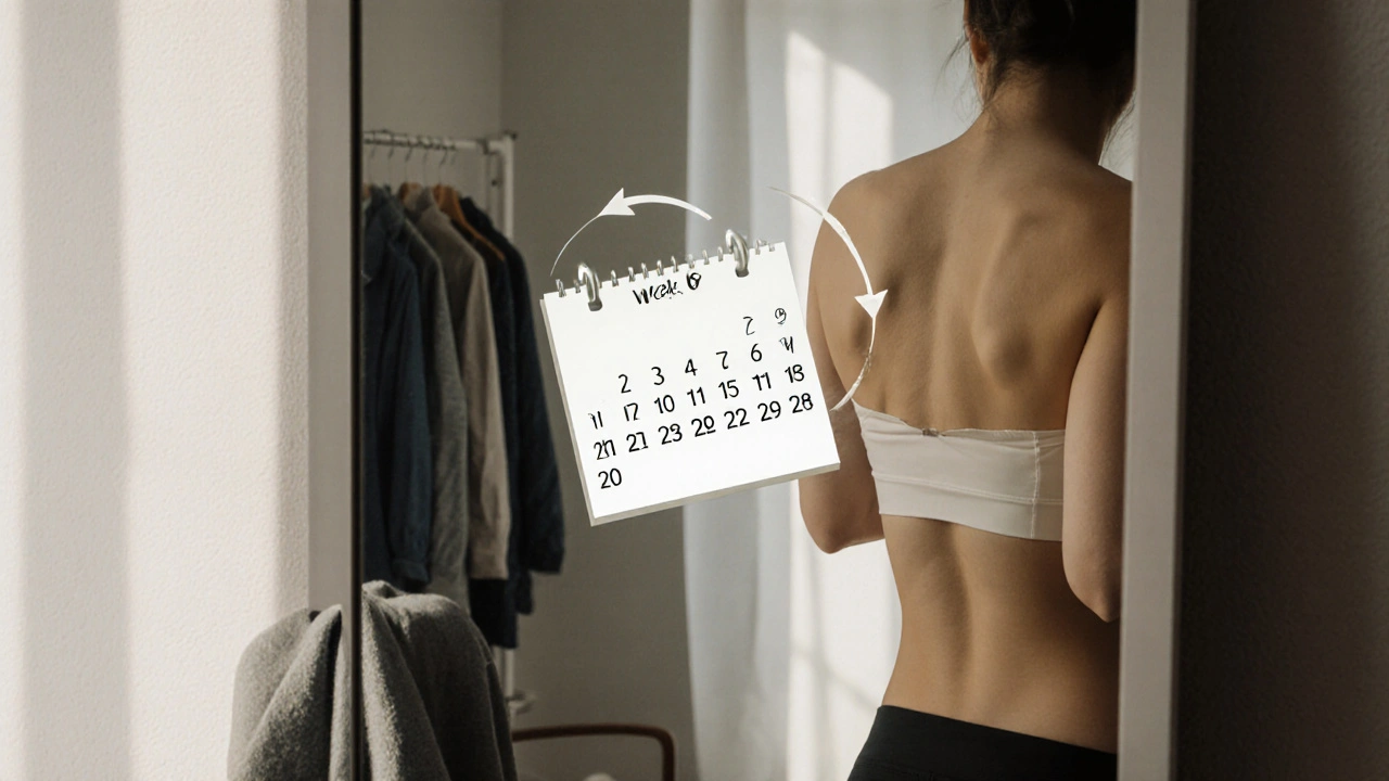 Zrcadlo odhaluje zpevnění pasu a ramen, oblečení visí volně na židli.