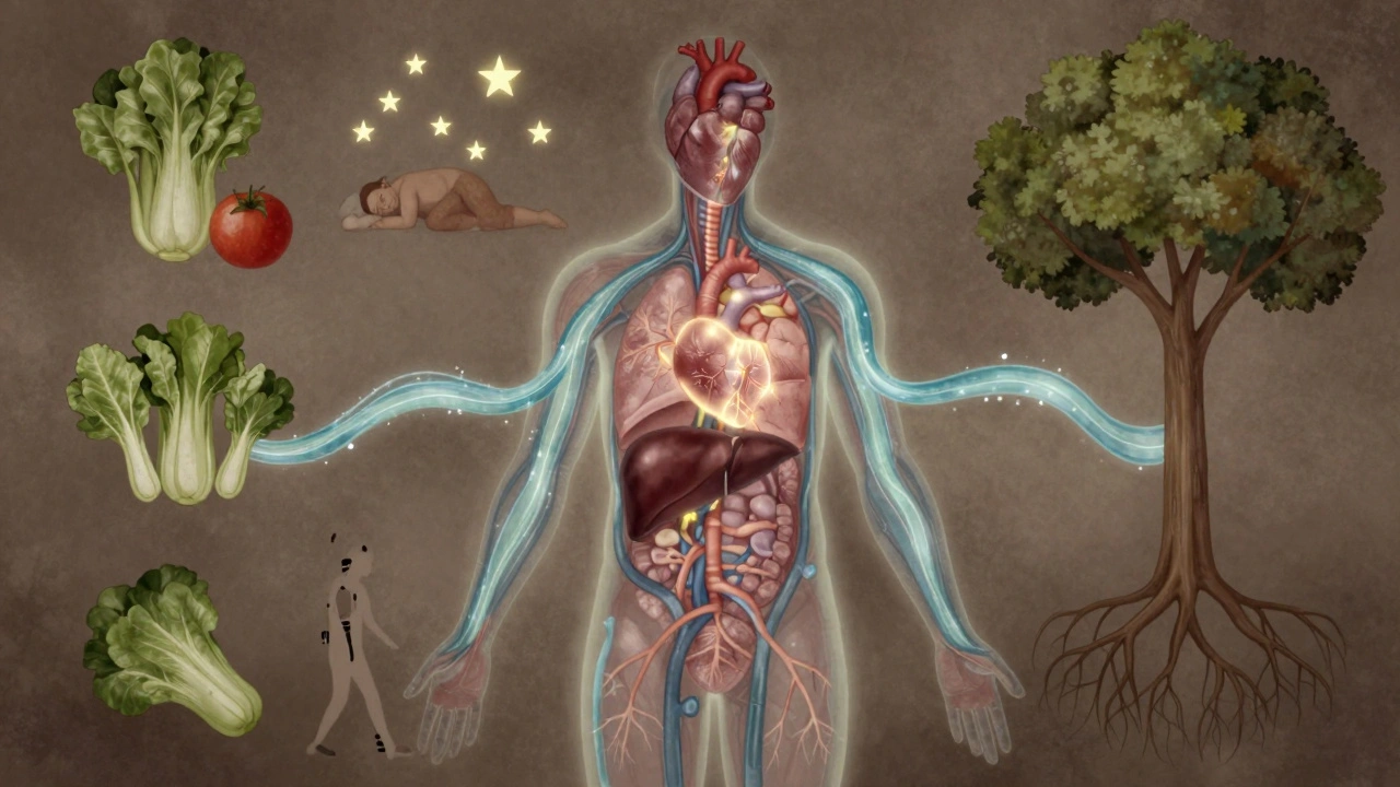 Abstraktní ilustrace lidského těla jako živého ekosystému s proudy vody a světla spojujícími orgány.