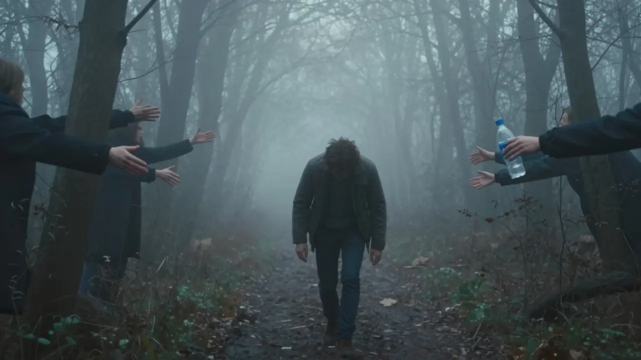 Cesta mlhavým lesem, kde ruce z mlhy nabízejí pomoc utonulému člověku.