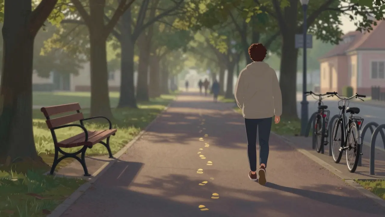 Člověk kráčí po ulici ráno, symbolizující pravidelný pohyb pro zdraví.