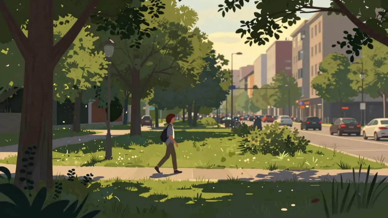 Člověk prochází zeleným městským parkem, zatímco město se tmavě odtahuje pozadí.