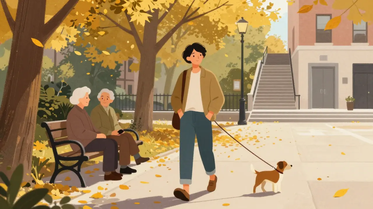 Člověk se prochází parkem v podzimním světle, přirozeně se pohybuje a užívá si chvíli.