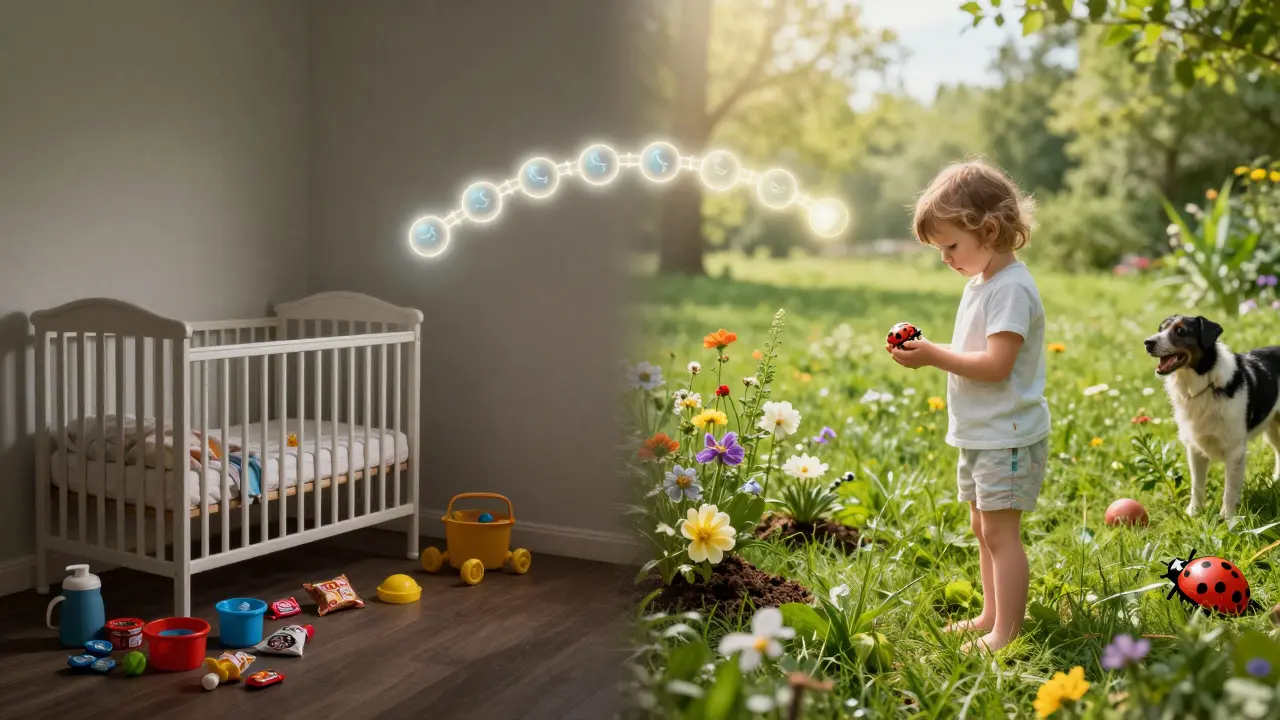 Dítě hraje v přírodě naproti sterilnímu prostředí – symbol zdravého vs. nezdravého vývoje.