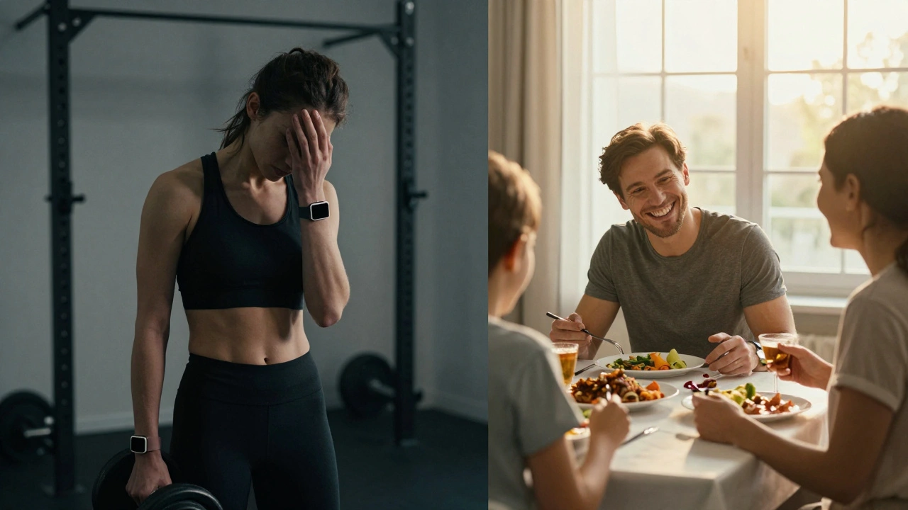 Dvě strany jedné osoby: jedna izolovaná v gymu, druhá v teplé rodinné atmosféře.