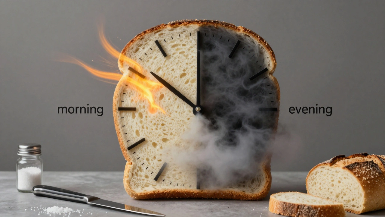 Hodiny z chleba: jedna polovina světlá a energická, druhá temná a těžká.