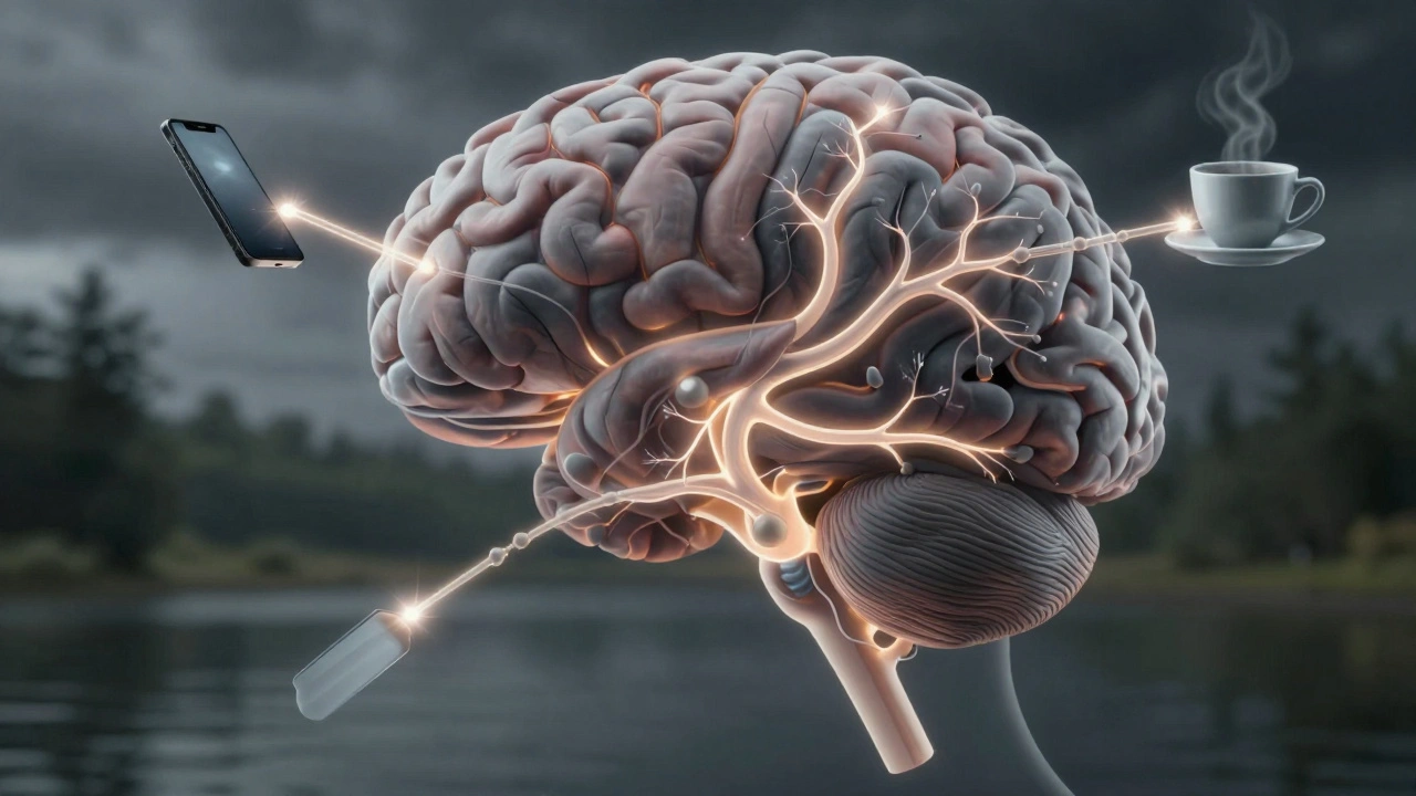 Izolovaný náhled lidského mozku s aktivními dopaminovými cestami k různým závislostem.