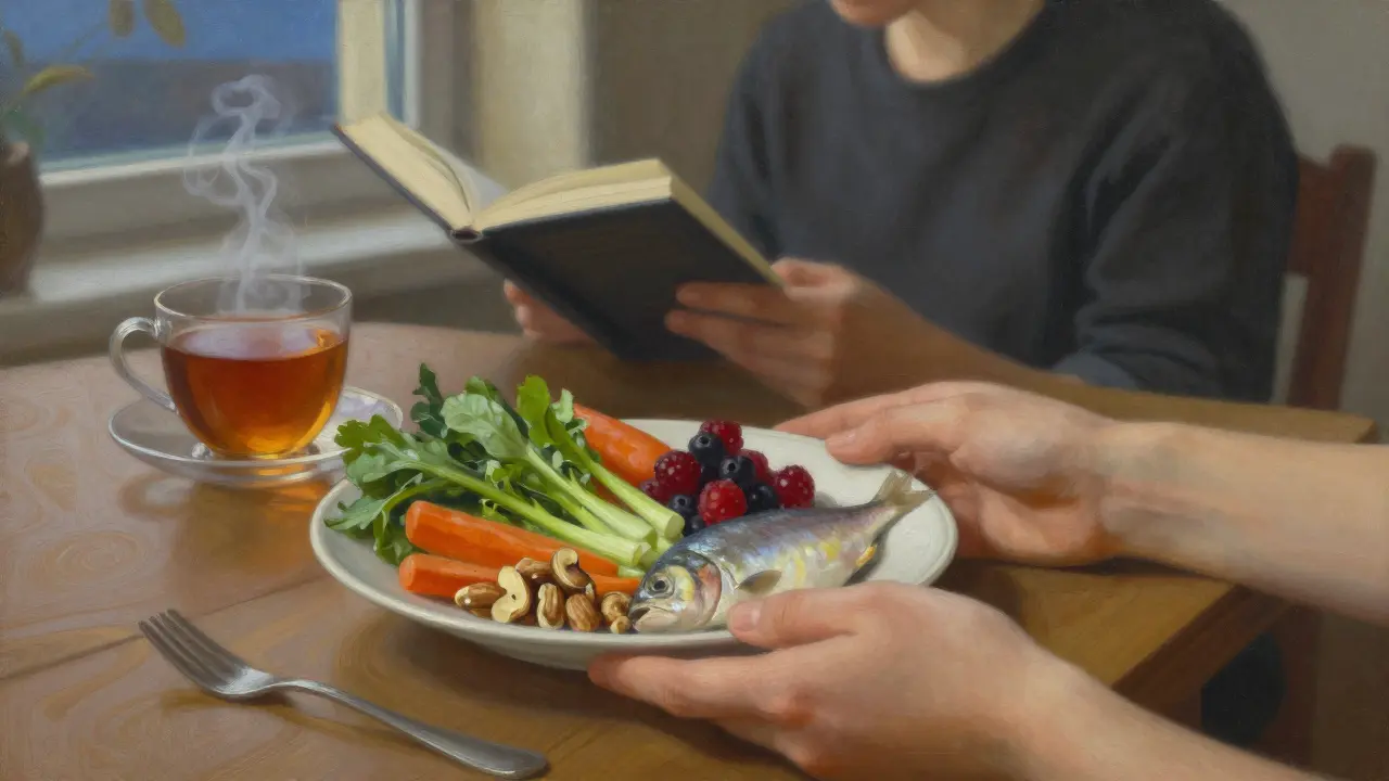 Jednoduché jídlo z čerstvých potravin s teplým čajem a knihou — zdravý přístup k jídlu a klidu.