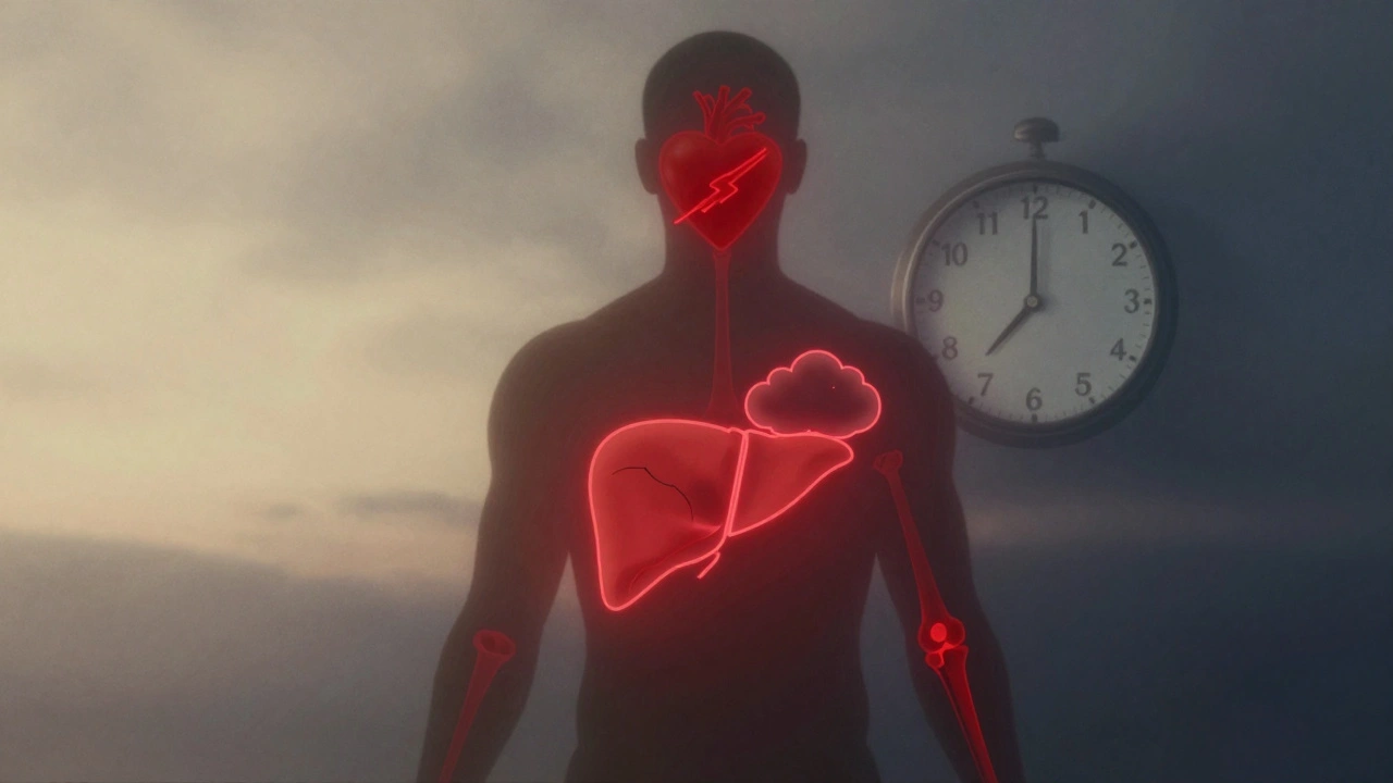 Kontur lidského těla s červenými varovnými symboly a uplynulým časem.