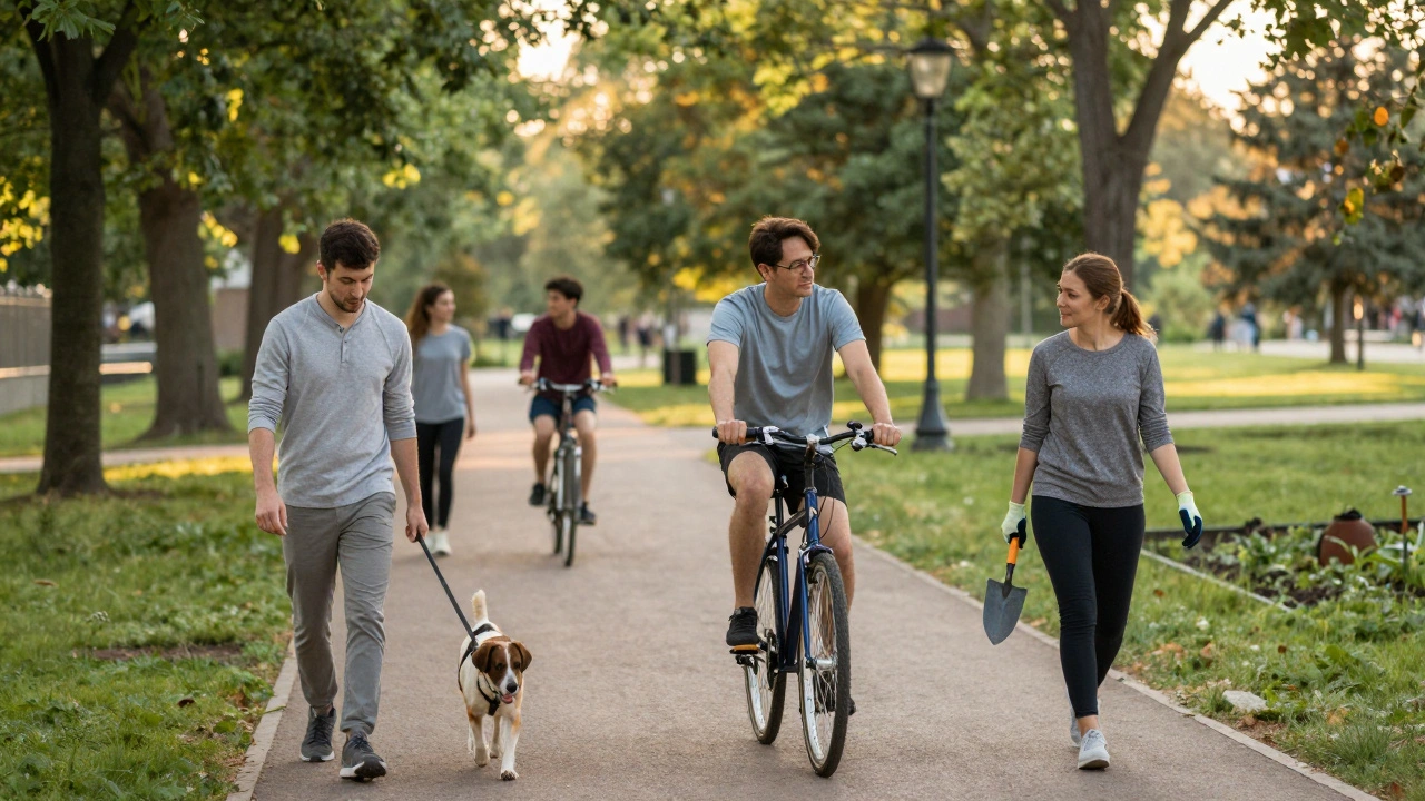 Lidé se pohybují v přírodě: chůze, jízda na kole a zahradničení v zářivém odpoledni.