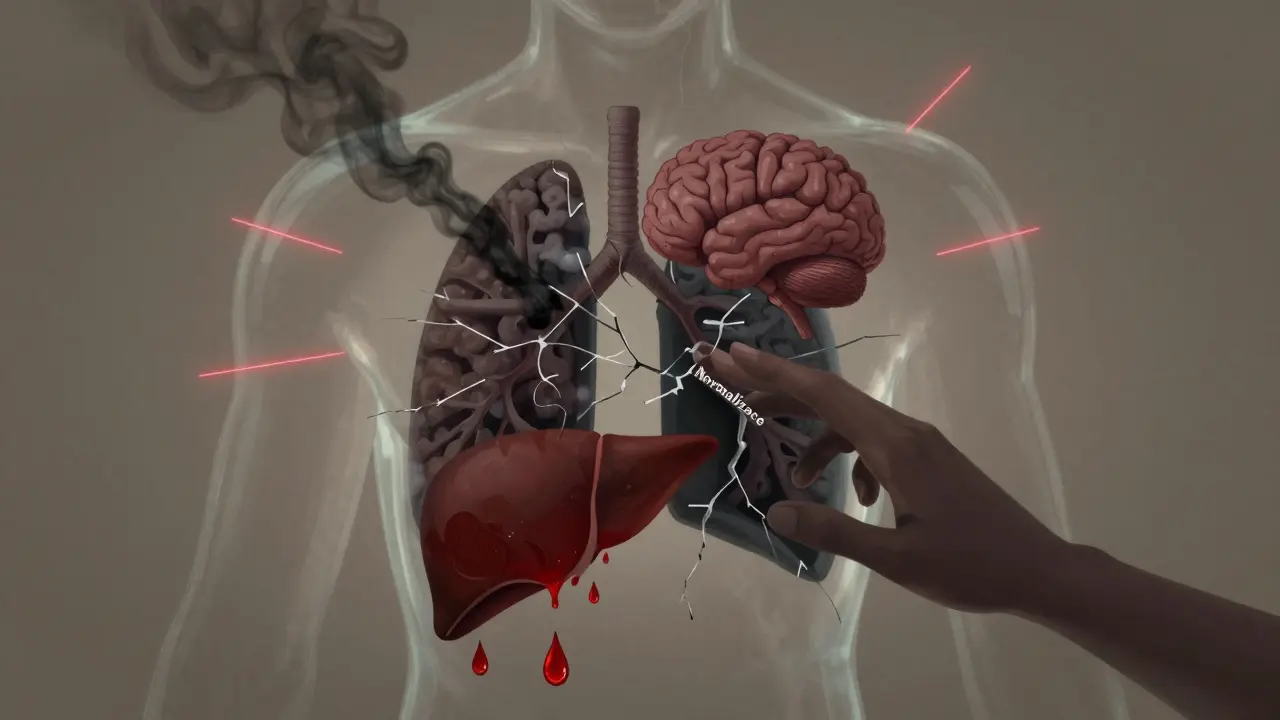 Lidské tělo jako křehká skleněná socha s prasklinami z kouře, alkoholu a stresu.