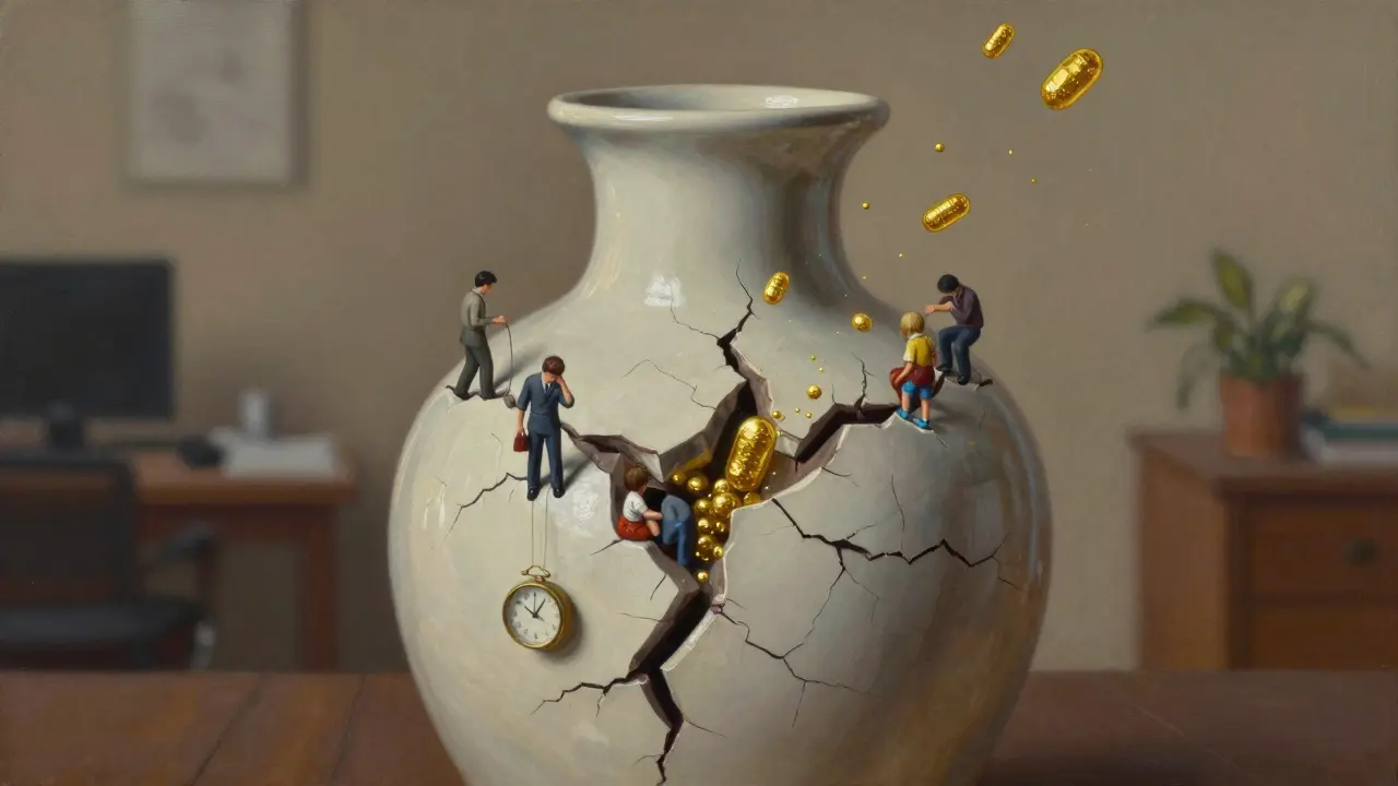 Lidské tělo jako rozštěpená keramická váza, z níž vytékají malé postavy a molekuly stresového hormonu.