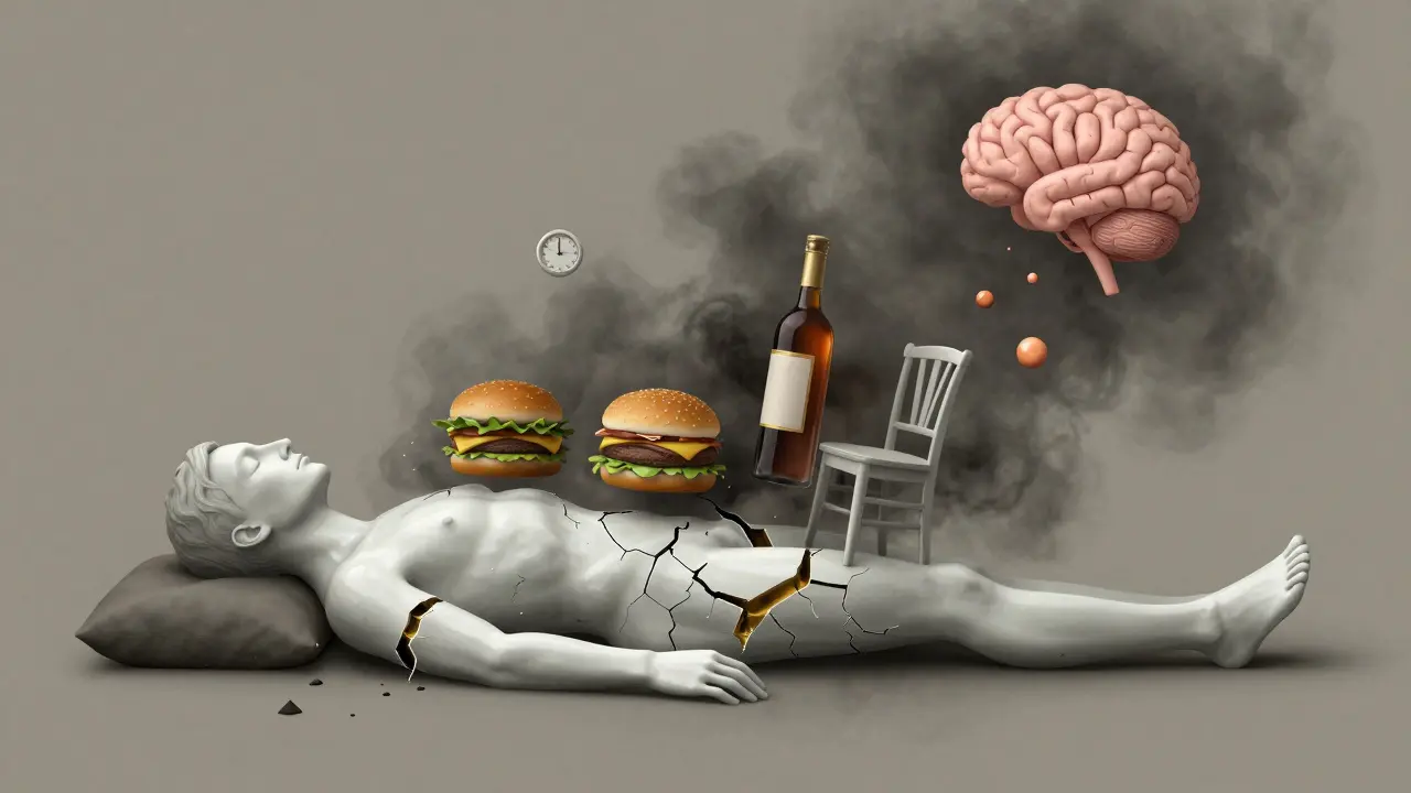 Lidské tělo rozštěpené na části symbolizující nezdravý životní styl: spánek, strava, stres a nehybnost.