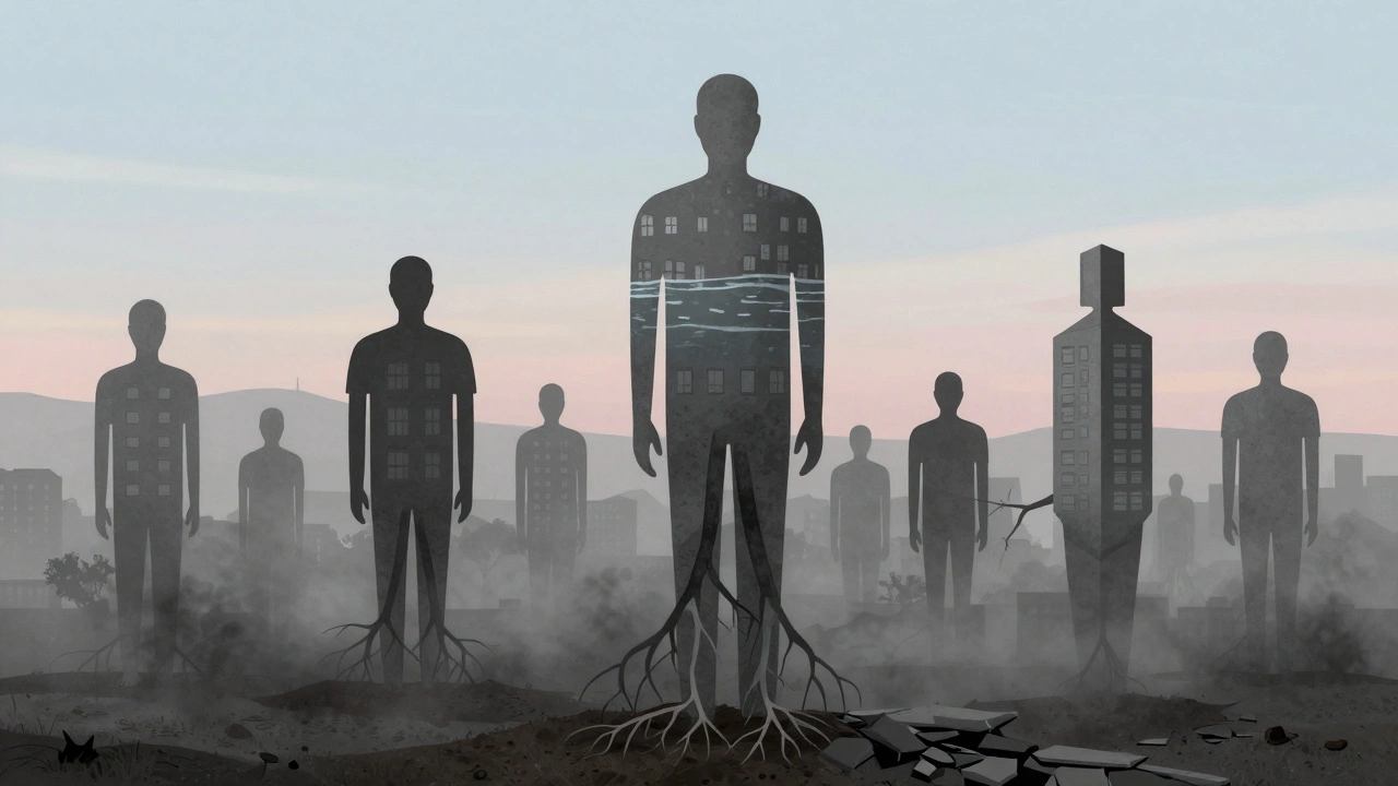 Město jako lidské postavy s kořeny a větvemi, symbolizující vliv prostředí na zdraví.