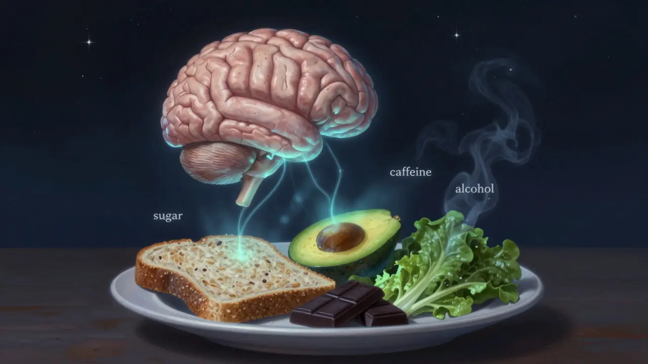 Mozek v nočním nebi spojený s jídlem, které vydává klidné světlo, špatné látky mizí.