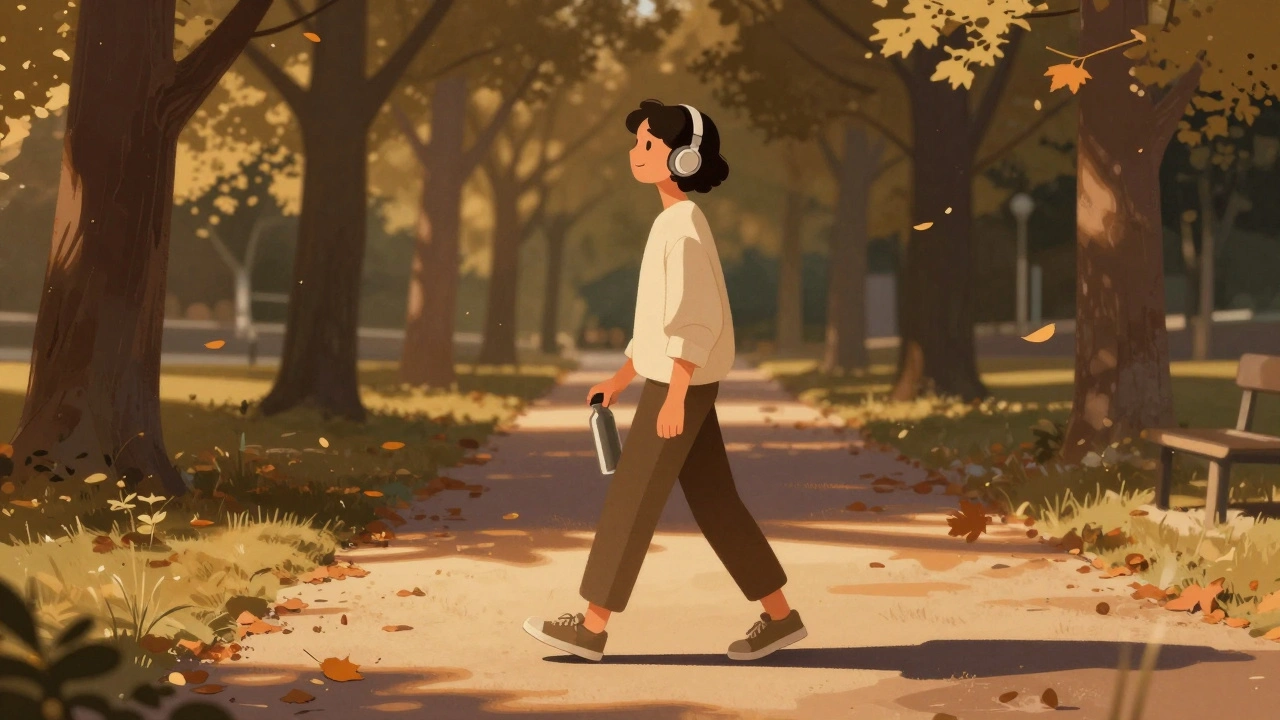 Muž prochází parkem Lužánky v Brně bez telefonu, v klidném tempu, za zlatého hodiny.