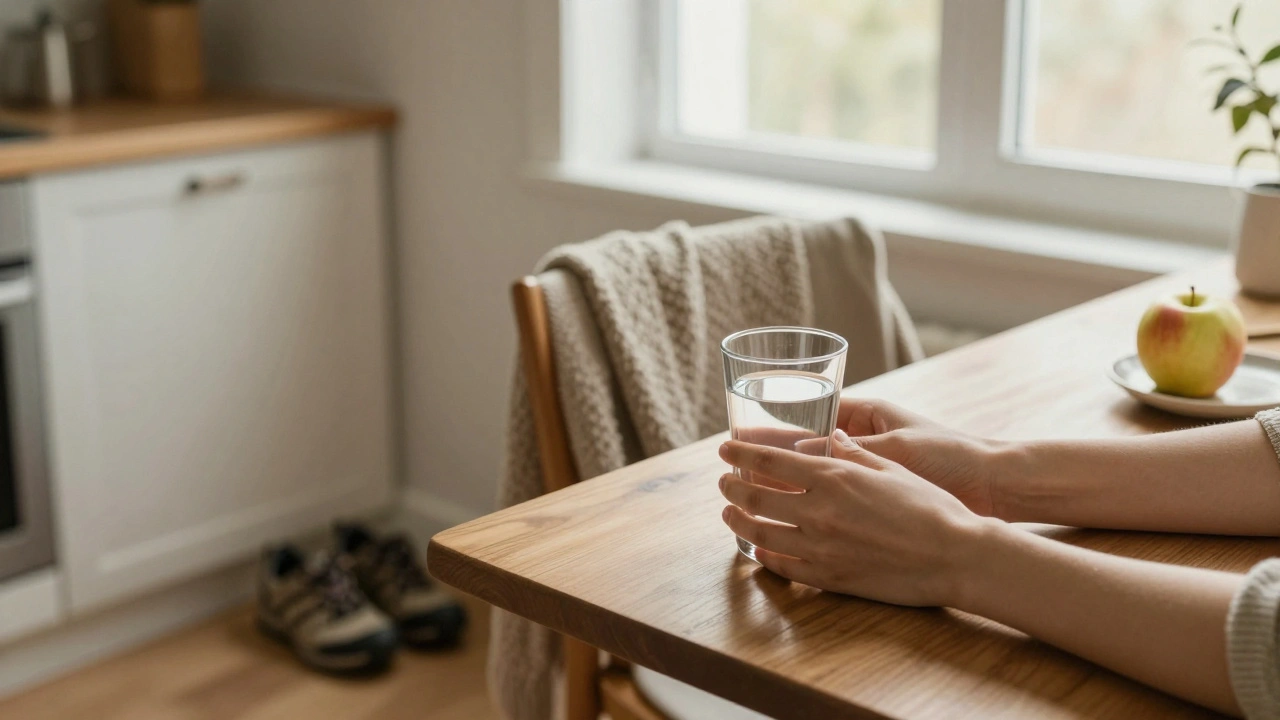 Na dřevěné tabuli leží sklenice vody a jablko vedle otevřeného okna s ranním světlem a obuví u dveří.