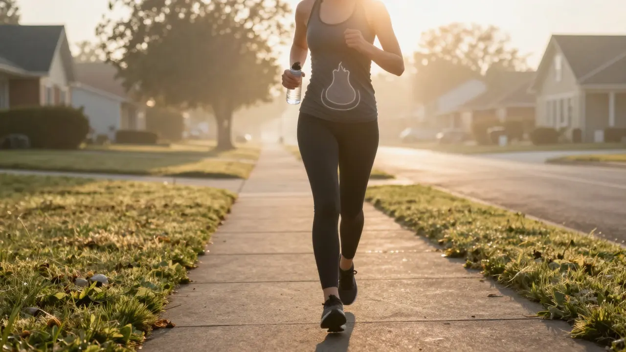 Osoba běží ráno na prázdný žaludek při východu slunce s mistou a teplým světlem.