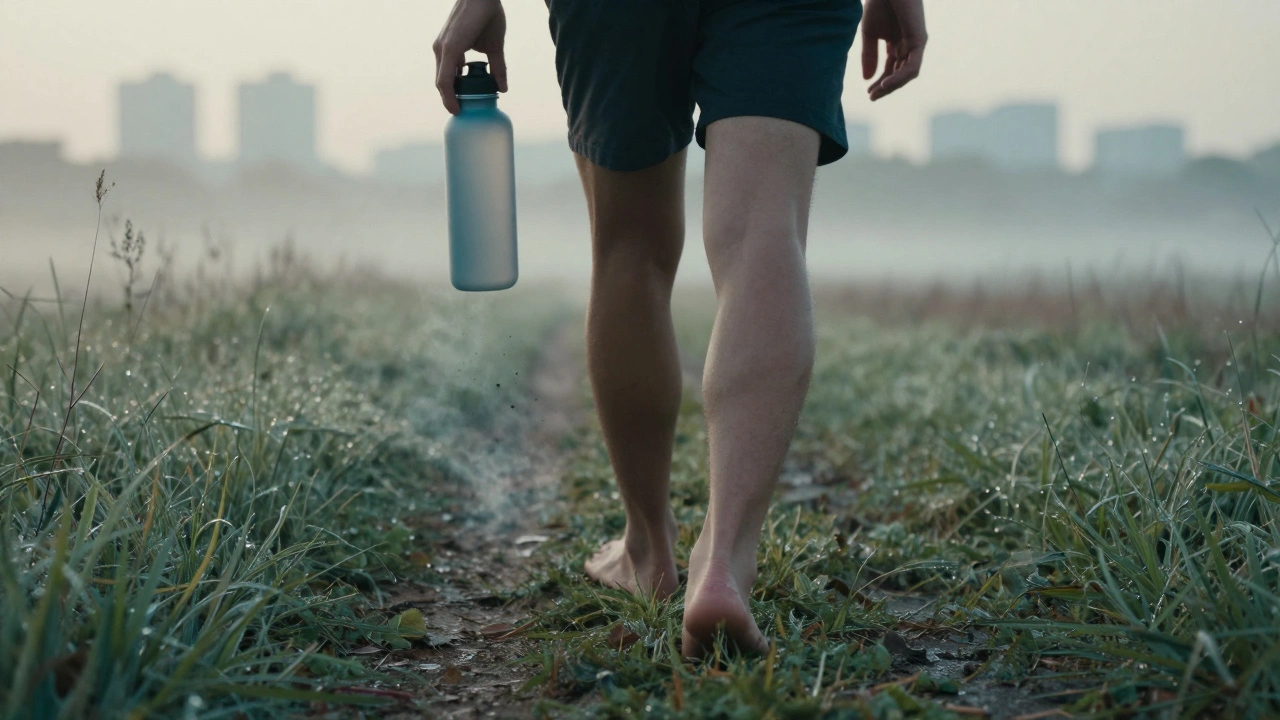 Osoba chodí bosá na trávě ráno, toxiny se rozptylují do vzduchu jako kouř.