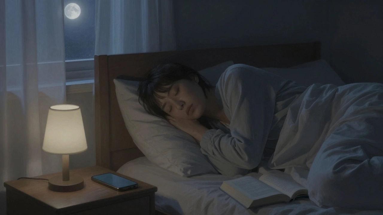 Osoba dýchá hluboce v klidné ložnici s vypnutým telefonem a otevřenou knihou.