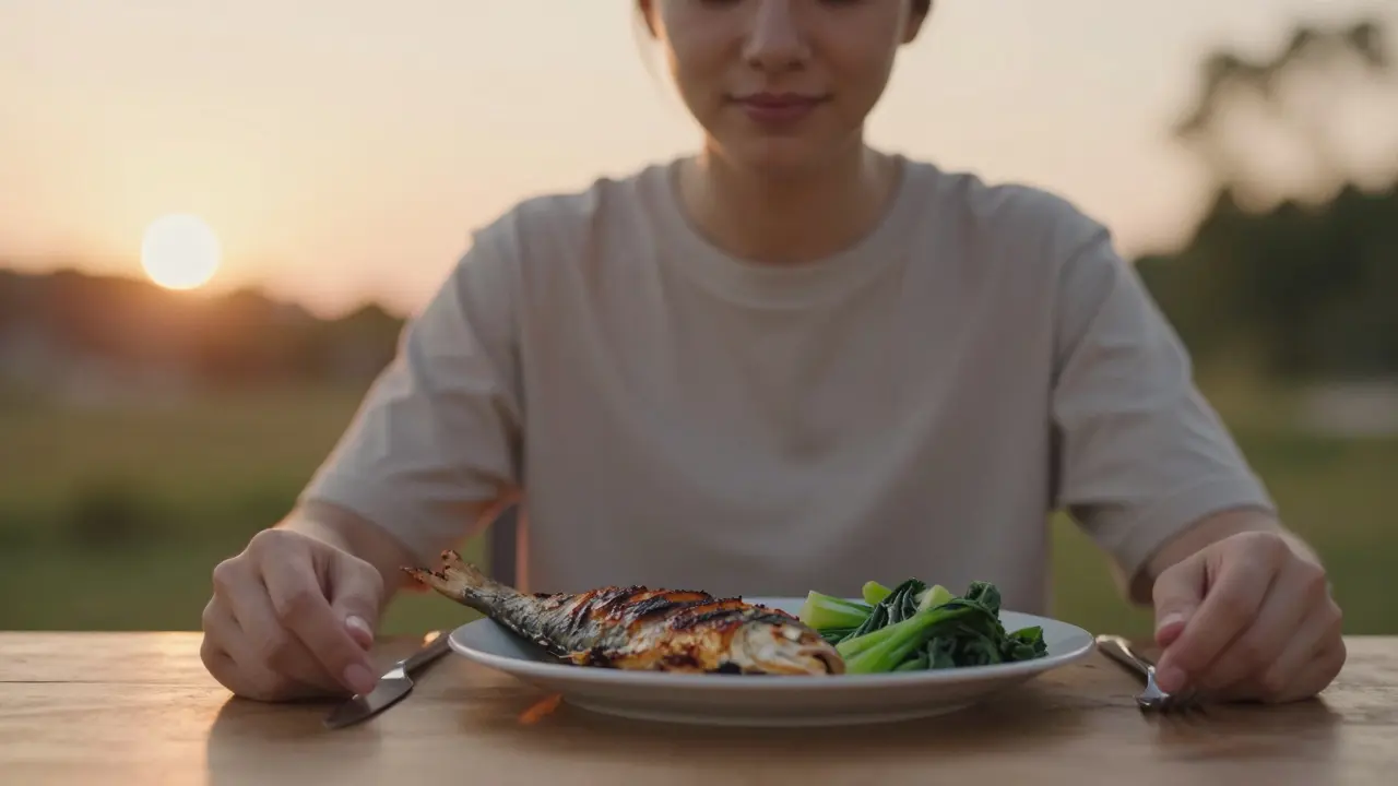 Osoba klidně jí večeři při západu slunce, bez elektroniky, ve zdravé a vyvážené atmosféře.