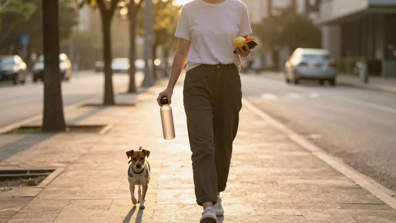 Osoba kráčí večer na procházce s ovoce a láhví vody, slunce září za ní, telefon je v tašce.