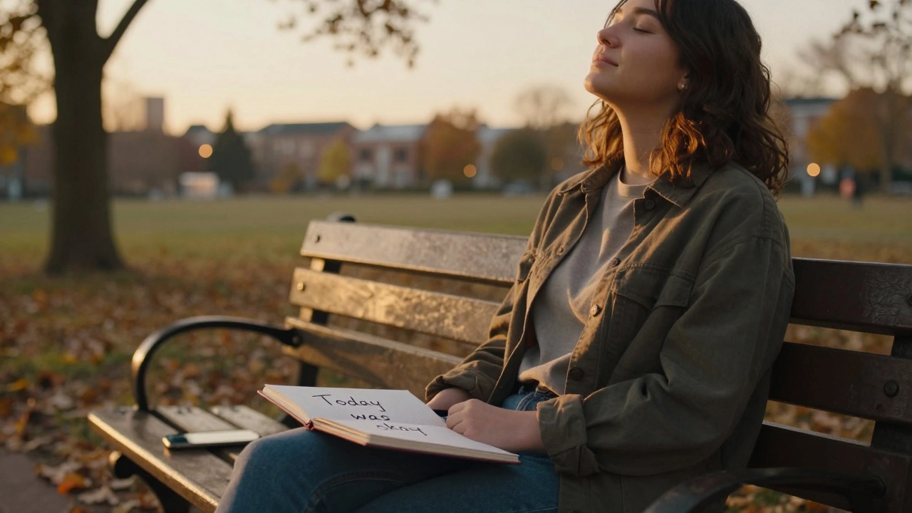 Osoba na lavičce v parku při západu slunce, tiše dýchá, telefon leží vypnutý u jejích nohou.