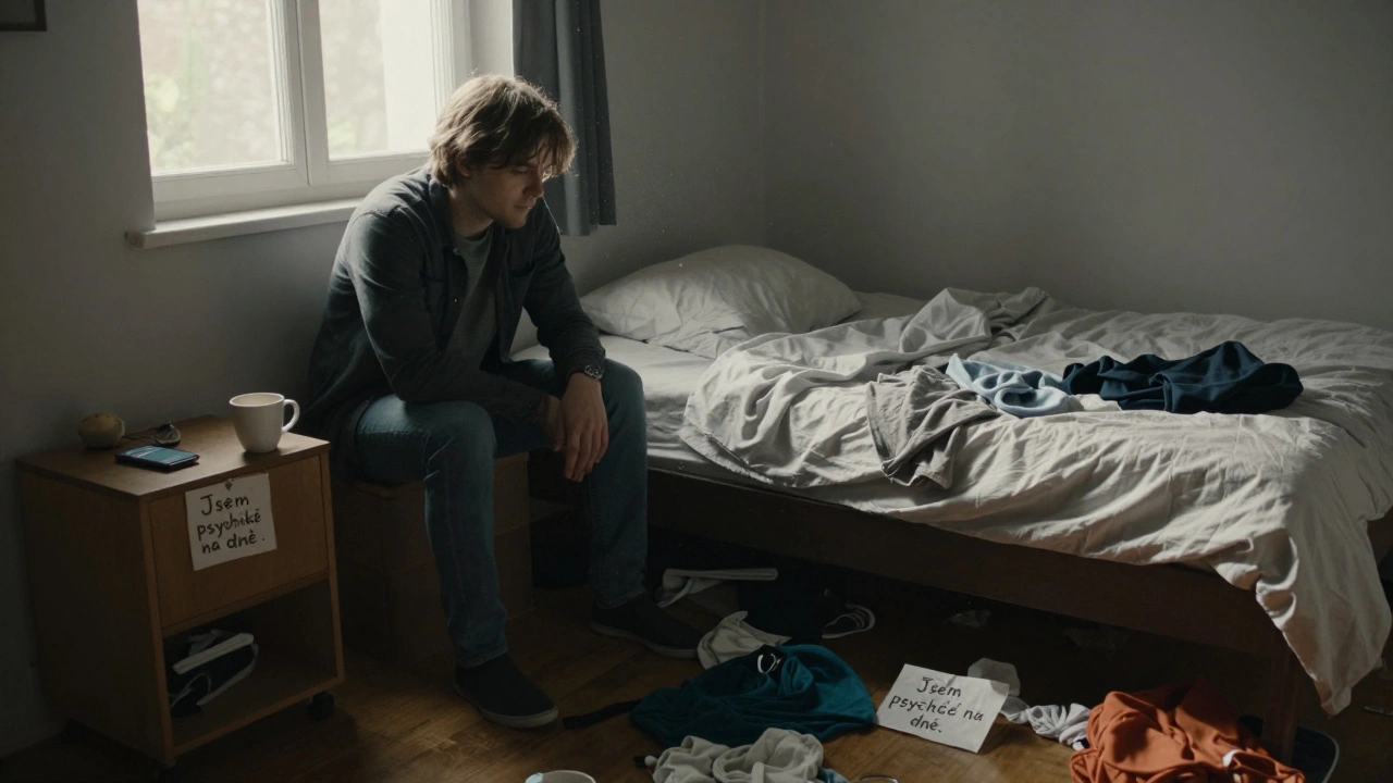 Osoba na okraji neupravené postele, pokoj tmavý, roztrhané oblečení na podlaze.