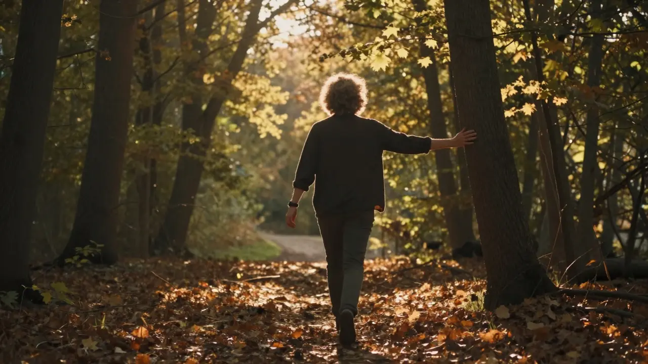 Osoba prochází lesní cestou v zlatém světle, ruku má položenou na kmeni stromu, slunce září skrz listí.