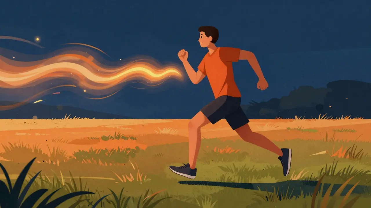 Osoba provádí krátký HIIT trénink na trávníku s dynamickým pohybem.