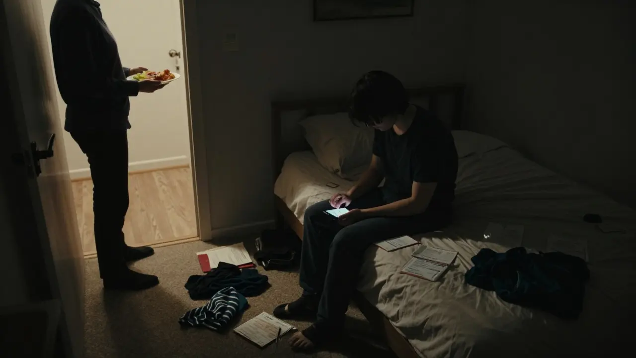Osoba sedí na posteli v tmavém pokoji, zatímco někdo stojí v dveřích s jídlem.