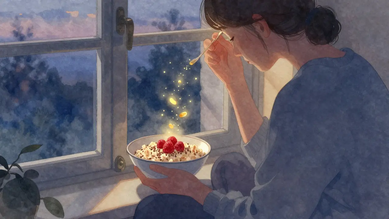 Postava na okně jí ovesnou kaši s semínky a malinami, jemné zlaté částice se vznášejí.