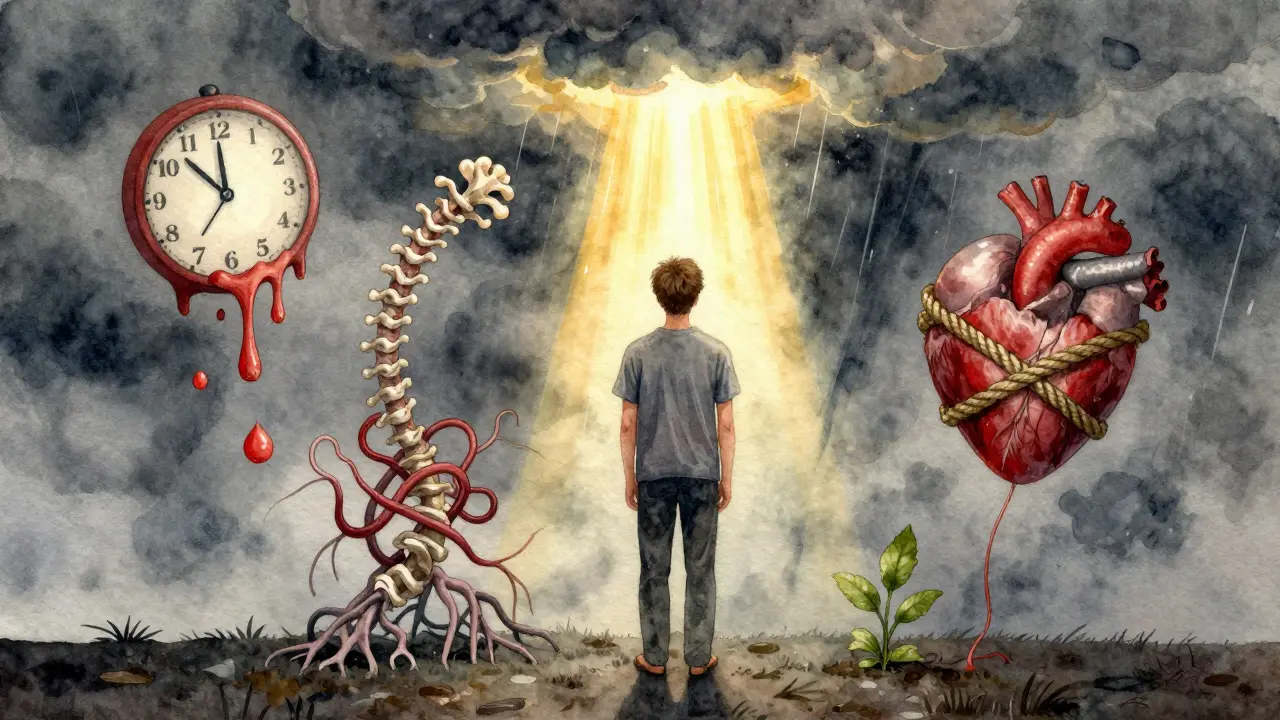 Postava v bouři s symbolickými prvky stresem: tající hodiny, nervy jako uzel a hubnoucí rostlina.