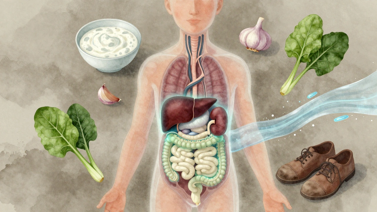 Průhledný lidský orgán s vnitřními procesy podporovanými přírodními potravinami a vodou.