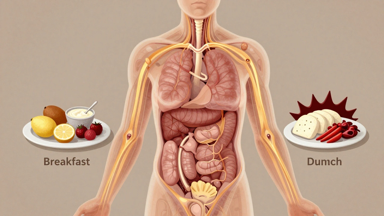 Průřez tělem ukazující pravidelný tok energie z tří jídel během dne.