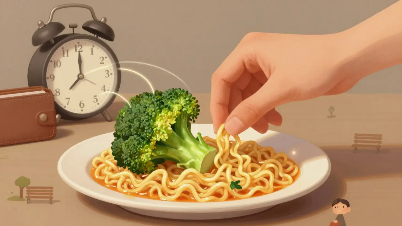 Ruce klade zeleninu vedle rychlého jídla, s vize malých kroků k lepšímu životu.